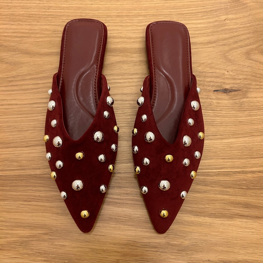 Amazon Burgundy Mules with Silver and Gold Studs